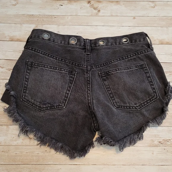 Free People Sashed and Relaxed Grommet Distress Cutoff Denim Shorts Black 24 - Picture 7 of 15